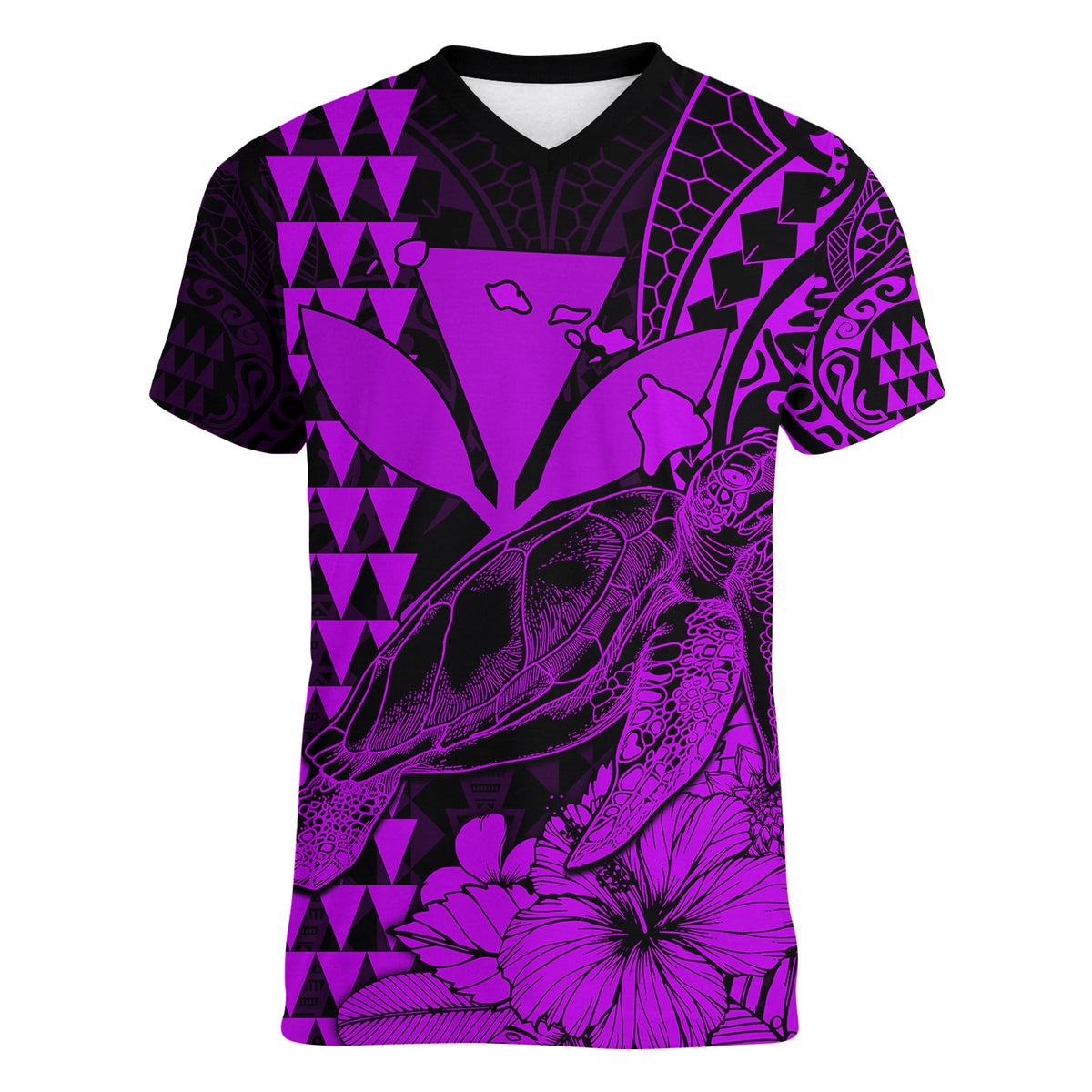 Kakau Polynesian Tribal Hawaiian Turtle with Kanaka Maoli Purple Women V Neck T Shirt LT9 - Polynesian Pride