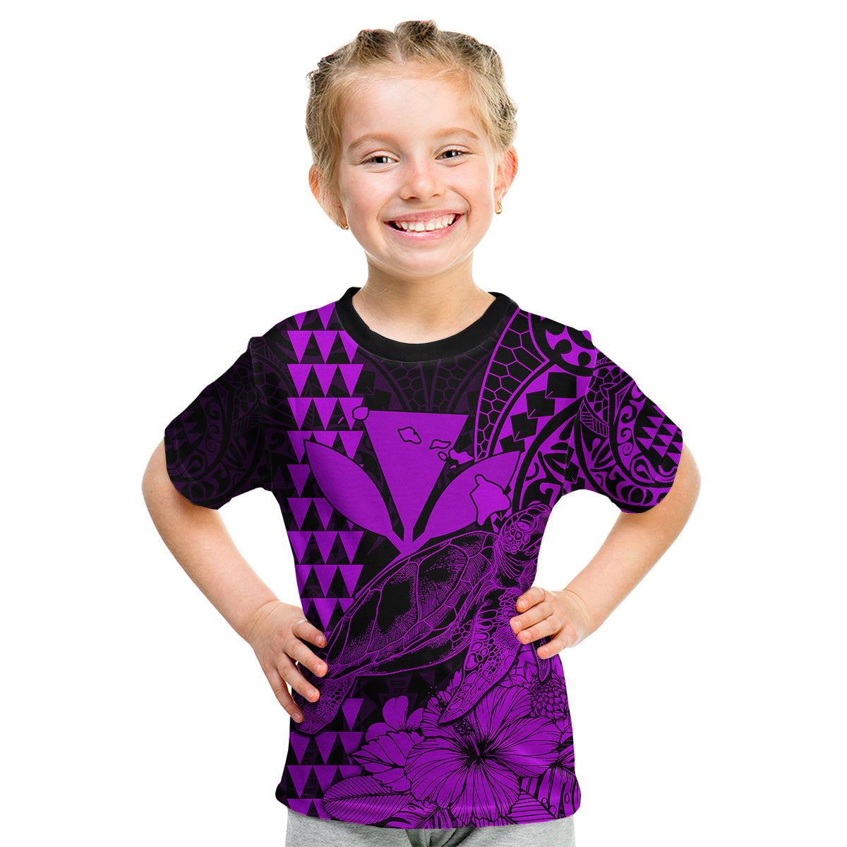 Kakau Polynesian Tribal Hawaiian Turtle with Kanaka Maoli Purple Kid T Shirt LT9 - Polynesian Pride