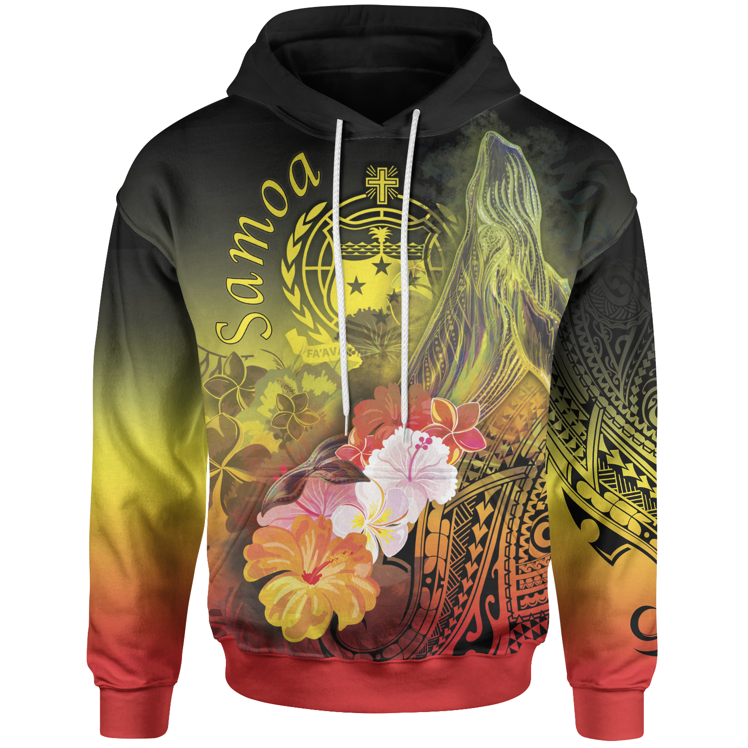 Samoa Hoodie Humpback Whale with Tropical Flowers (Yellow) Unisex Yellow - Polynesian Pride