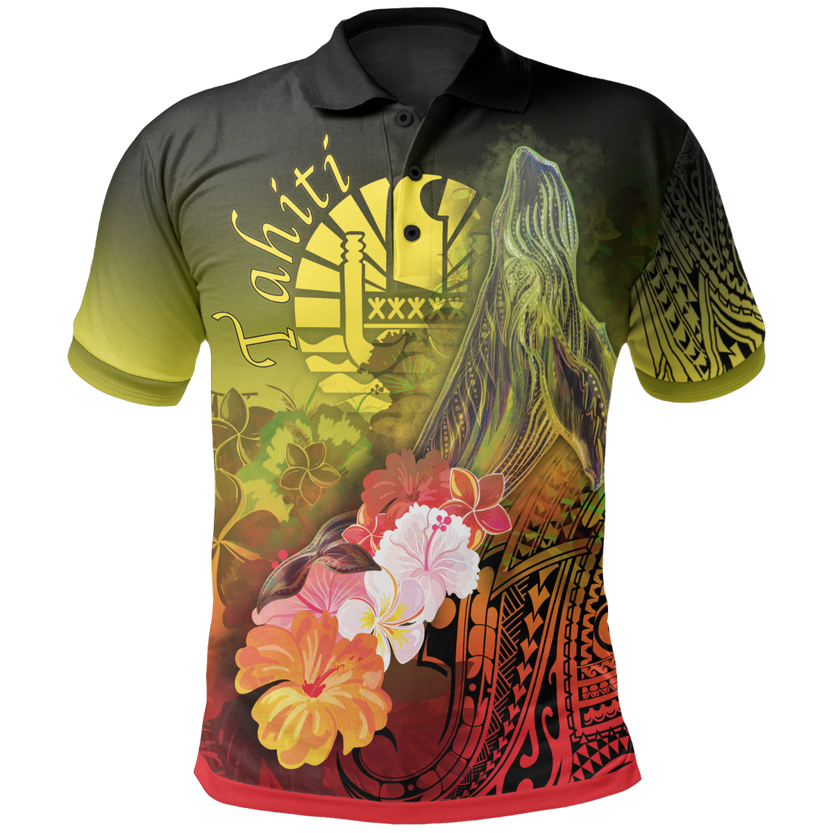 Tahiti Polo Shirt Humpback Whale with Tropical Flowers (Yellow) Unisex Yellow - Polynesian Pride