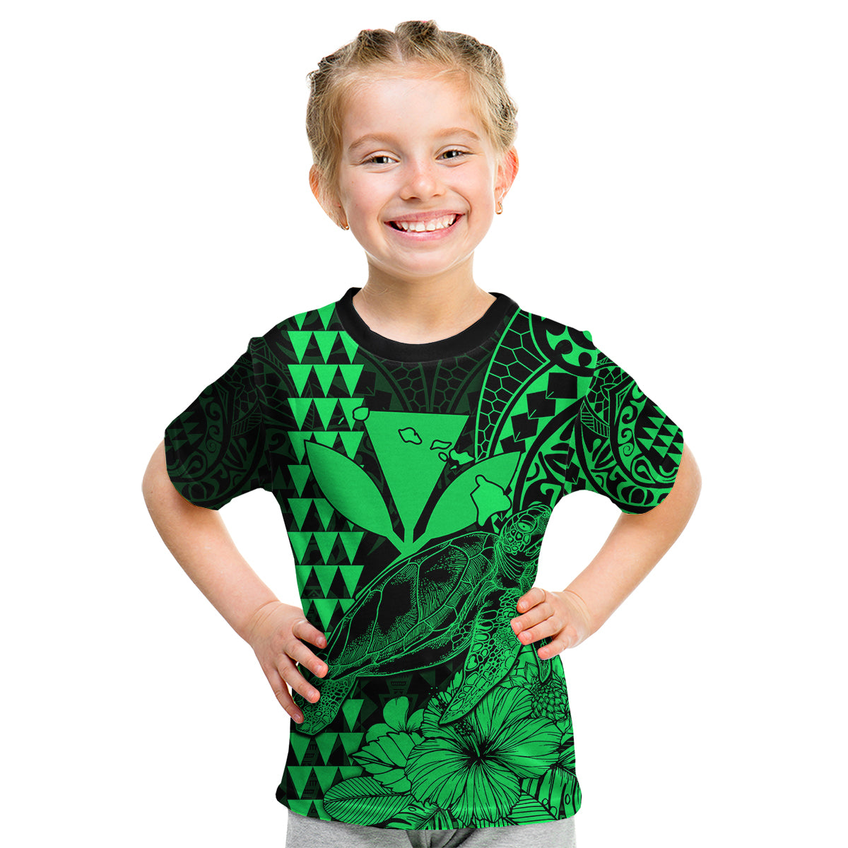 (Custom Personalised) Kakau Polynesian Tribal Hawaiian Turtle with Kanaka Maoli Green Kid T Shirt LT9 Youth XL Size14 - Polynesian Pride