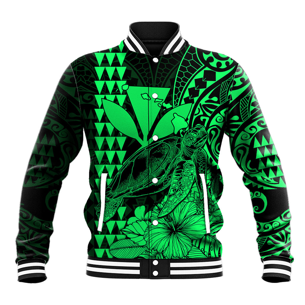 (Custom Personalised) Kakau Polynesian Tribal Hawaiian Turtle with Kanaka Maoli Green Baseball Jacket LT9 Unisex Green - Polynesian Pride