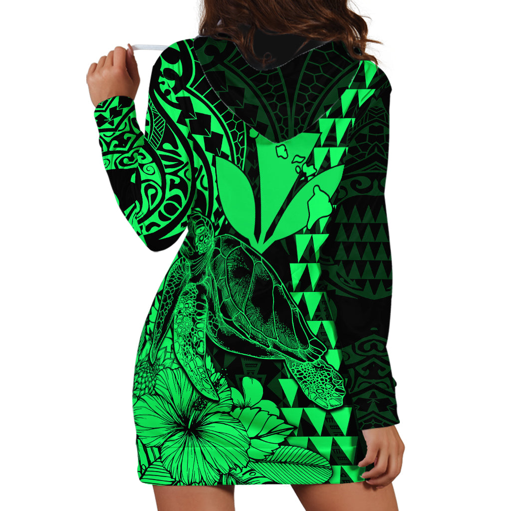 Kakau Polynesian Tribal Hawaiian Turtle with Kanaka Maoli Green Hoodie Dress LT9 - Polynesian Pride