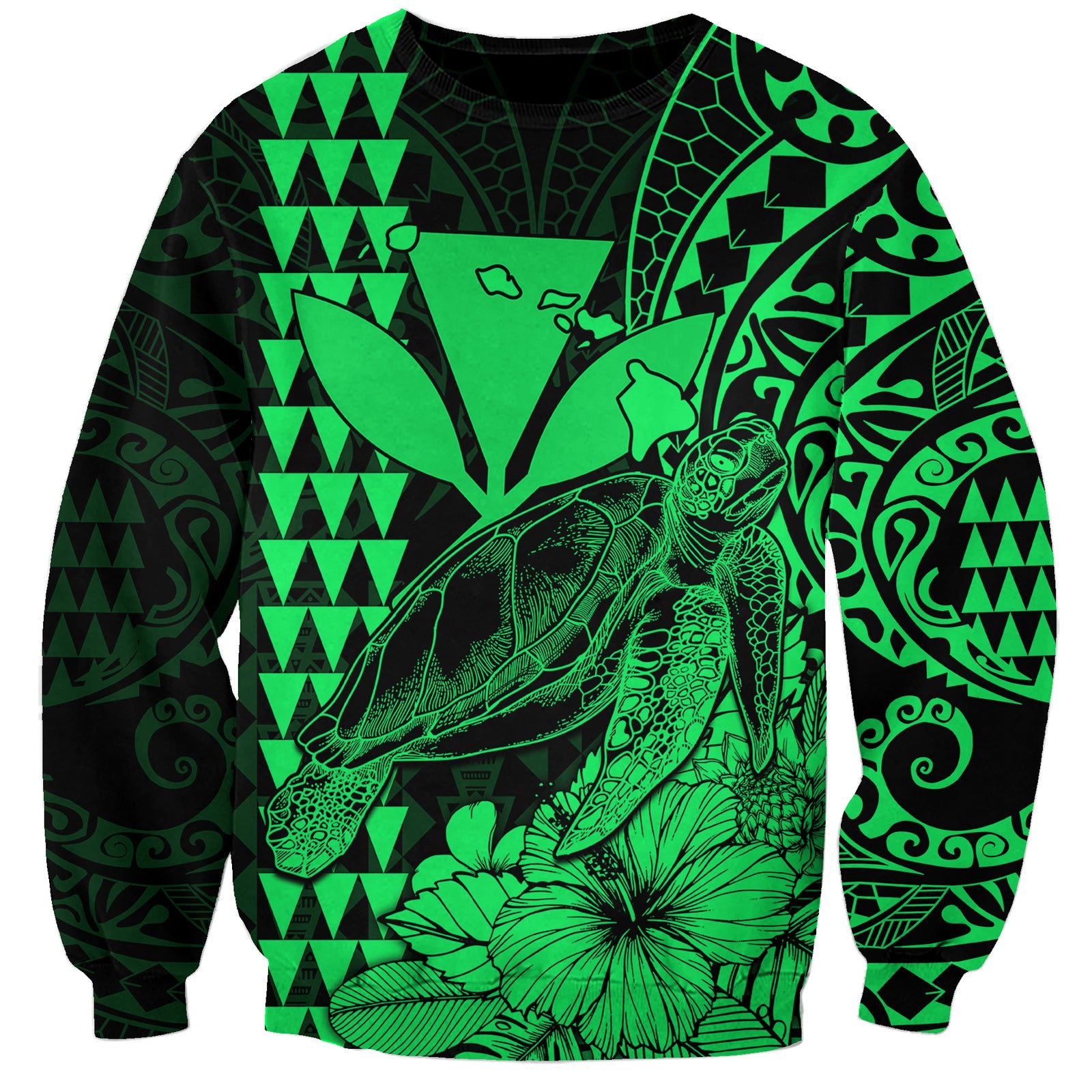 Kakau Polynesian Tribal Hawaiian Turtle with Kanaka Maoli Green Sweatshirt LT9 Unisex Green - Polynesian Pride