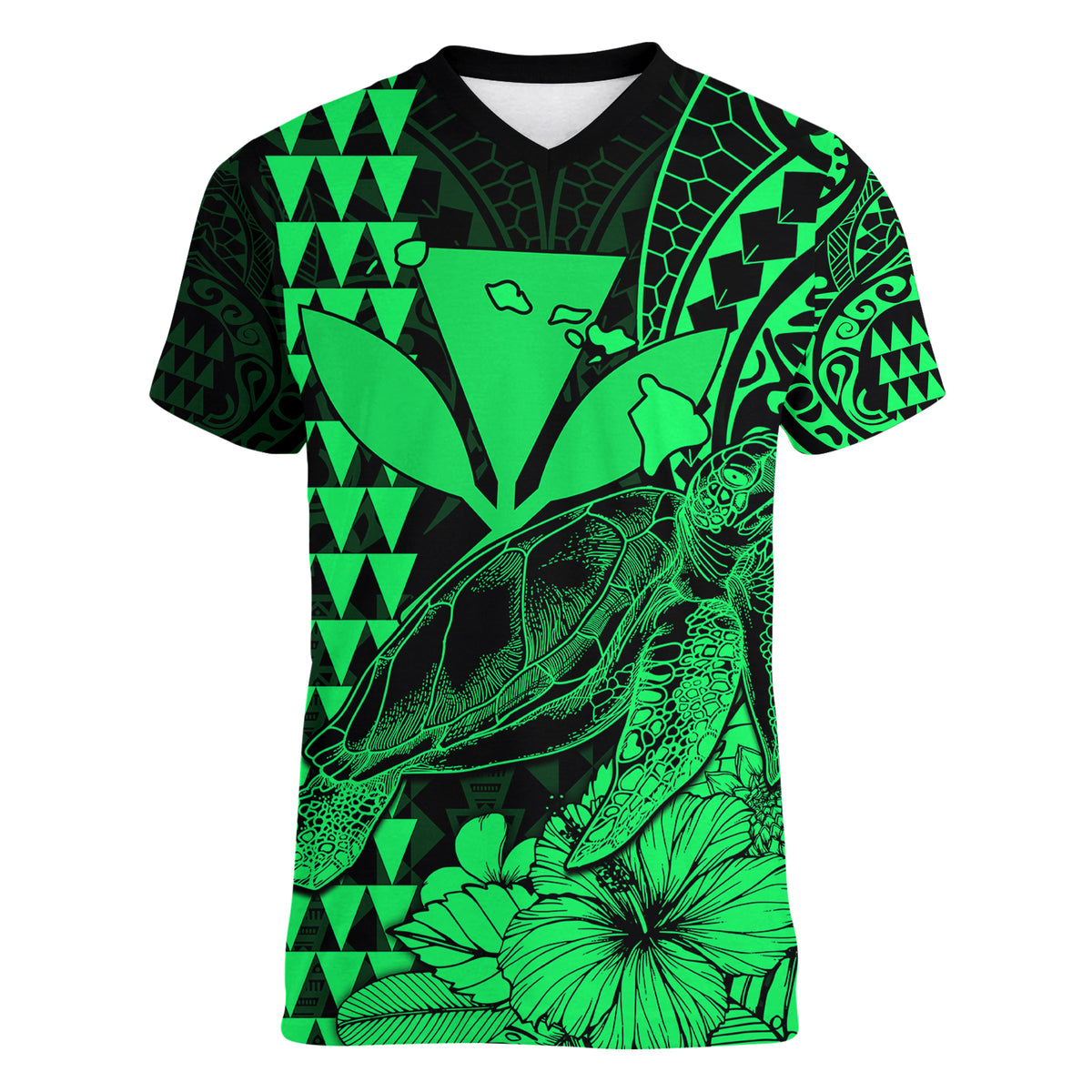 Kakau Polynesian Tribal Hawaiian Turtle with Kanaka Maoli Green Women V Neck T Shirt LT9 - Polynesian Pride