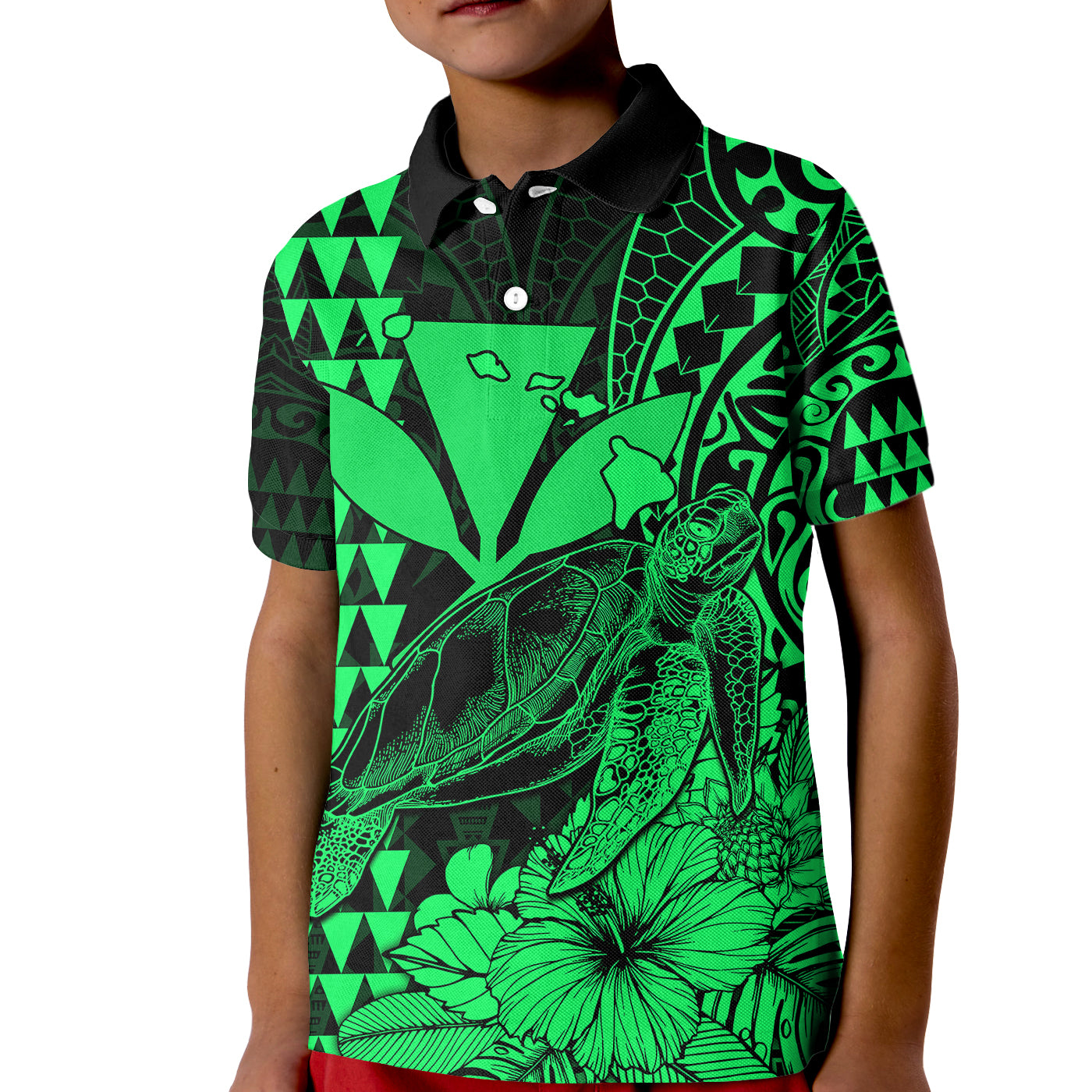 Kakau Polynesian Tribal Hawaiian Turtle with Kanaka Maoli Green Kid Polo Shirt LT9 Kid Green - Polynesian Pride