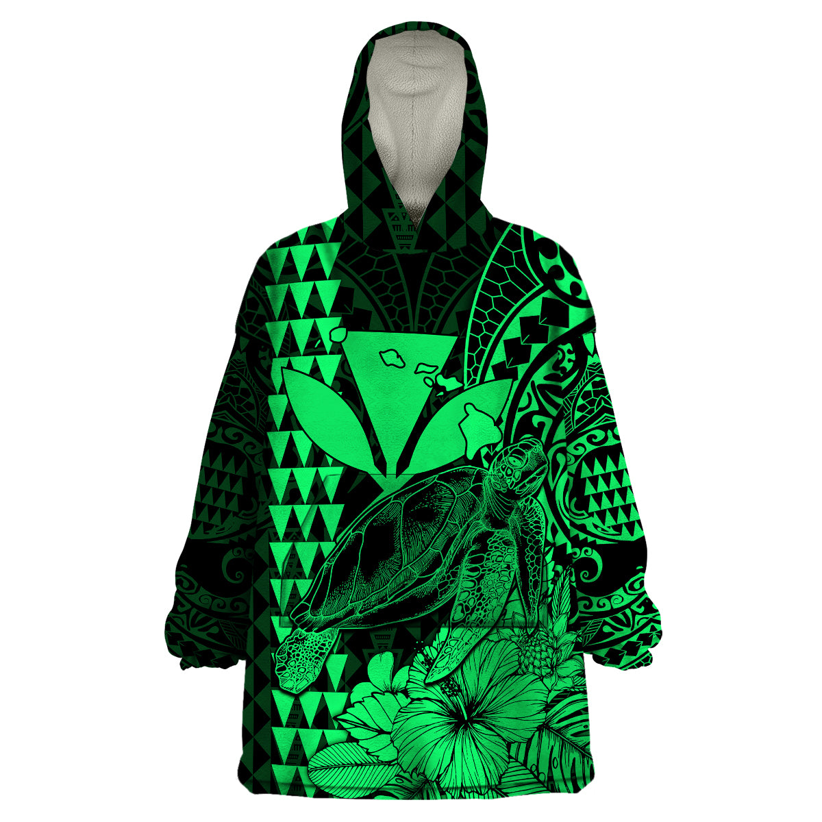 Kakau Polynesian Tribal Hawaiian Turtle with Kanaka Maoli Green Wearable Blanket Hoodie LT9 Unisex One Size - Polynesian Pride