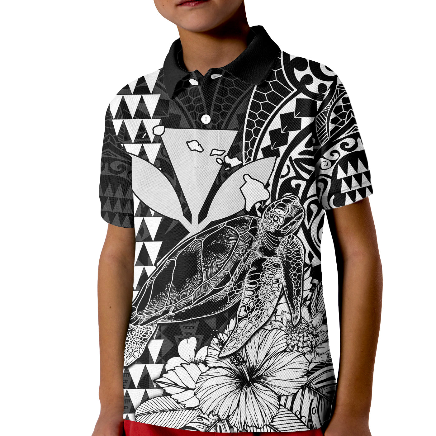 (Custom Personalised) Kakau Polynesian Tribal Hawaiian Turtle with Kanaka Maoli Black Kid Polo Shirt LT9 Kid Black - Polynesian Pride