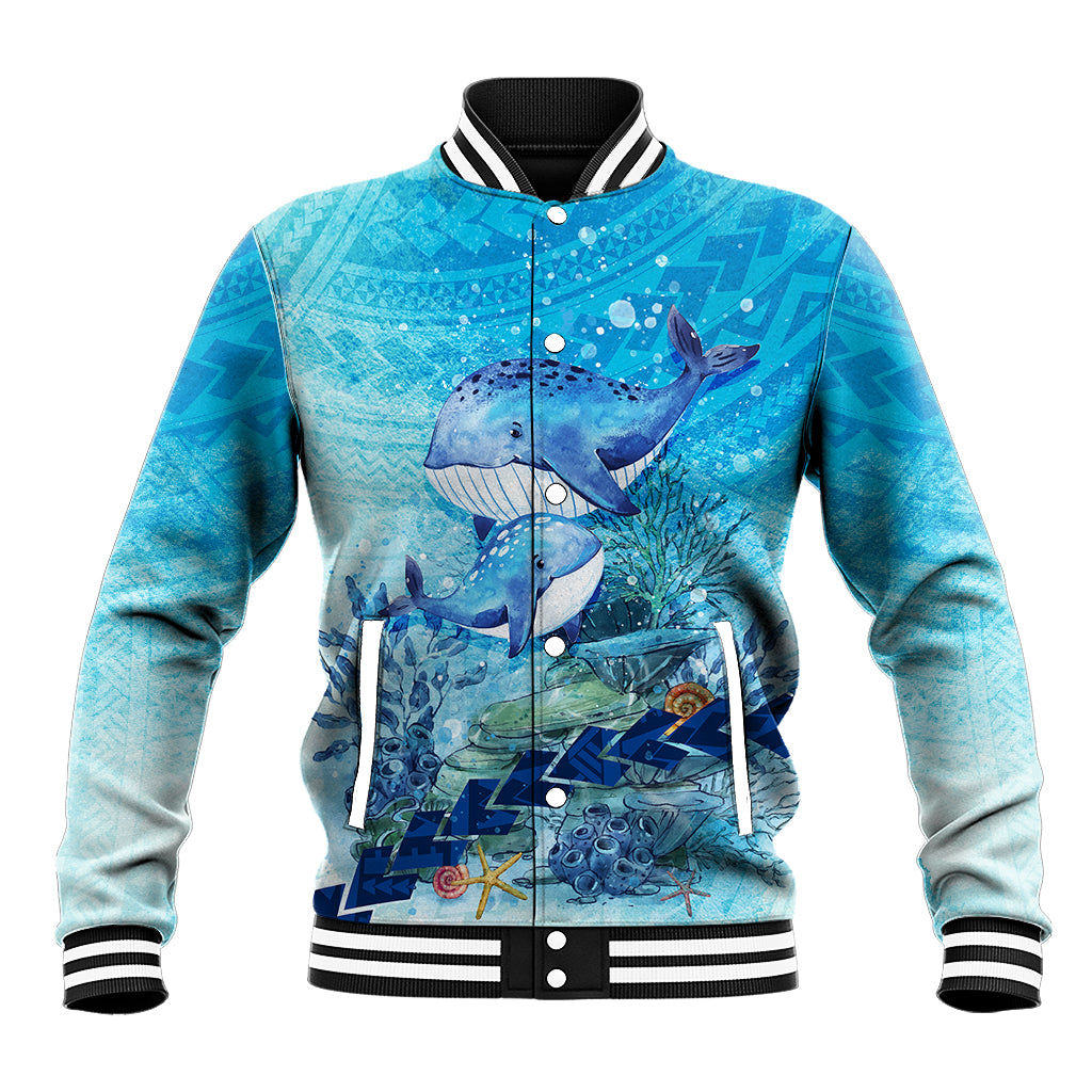 Mother and Baby Whale Mix Polynesian Style Baseball Jacket TS07 Unisex Blue - Polynesian Pride