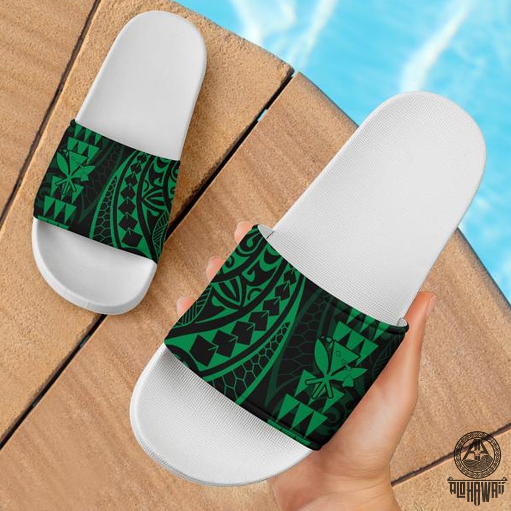 Kanaka Map Tribal Slide Sandals Green White White - Polynesian Pride