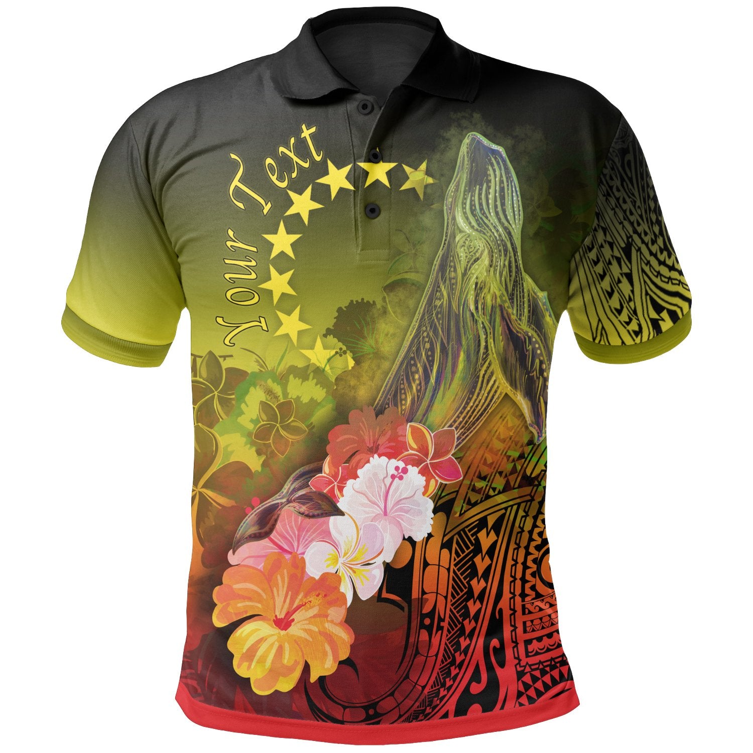 Cook Islands Custom Polo Shirt Humpback Whale with Tropical Flowers (Yellow) Unisex Yellow - Polynesian Pride