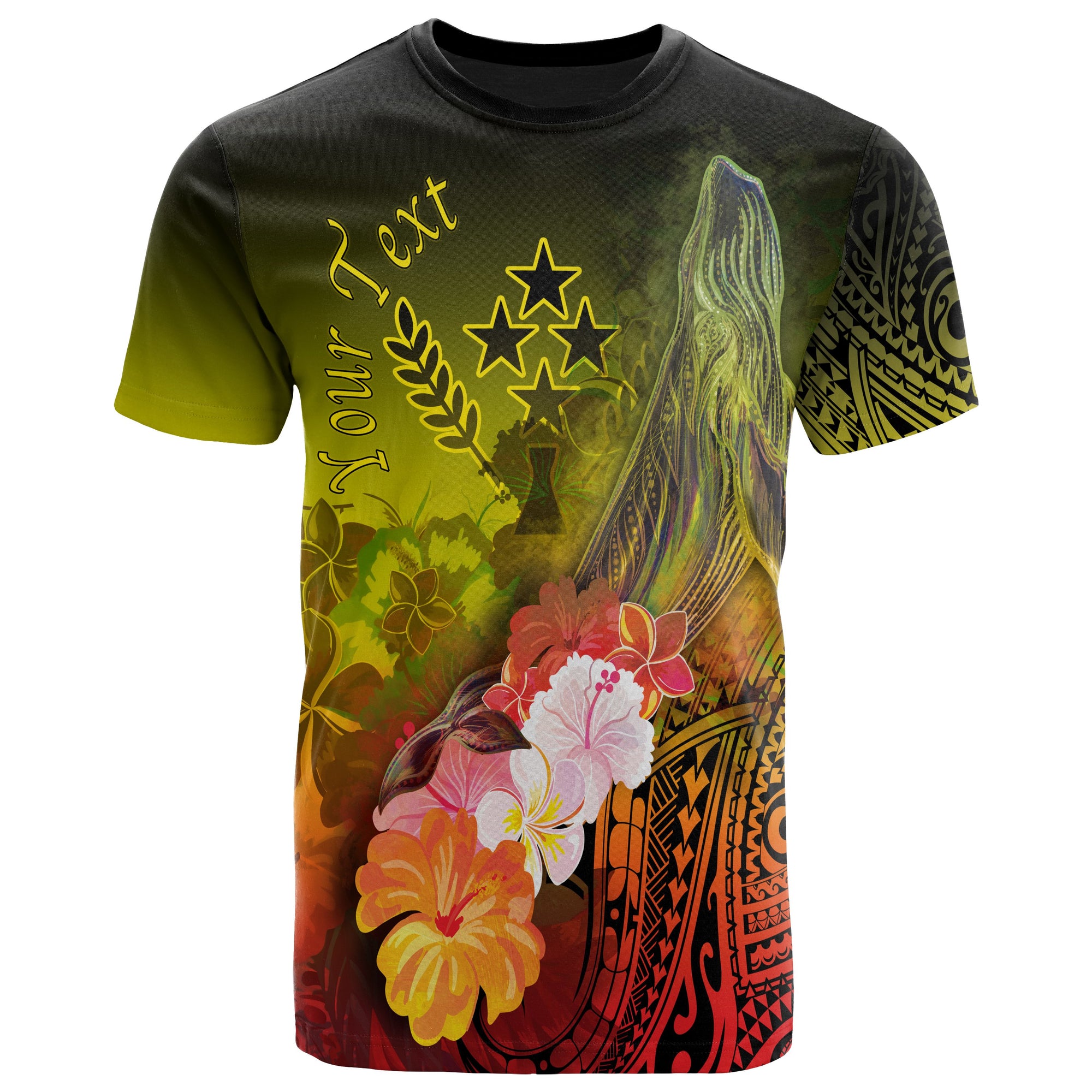 Custom Kosrae T Shirt Humpback Whale with Tropical Flowers (Yellow) Unisex Yellow - Polynesian Pride