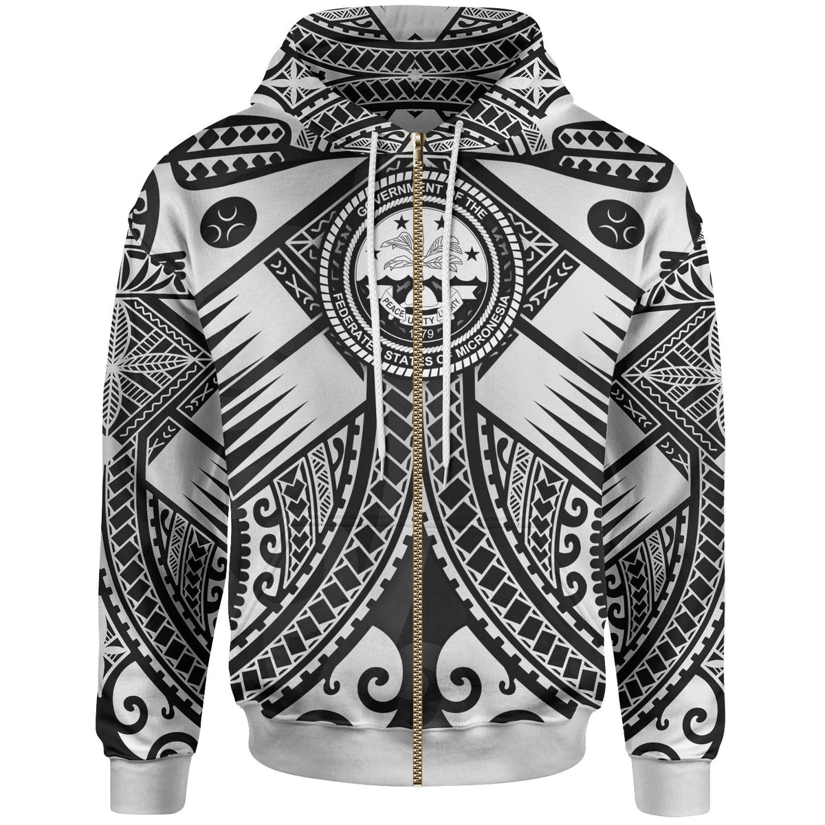 FSM Zip up Hoodie White Seal with Polynesian Tattoo Unisex White - Polynesian Pride