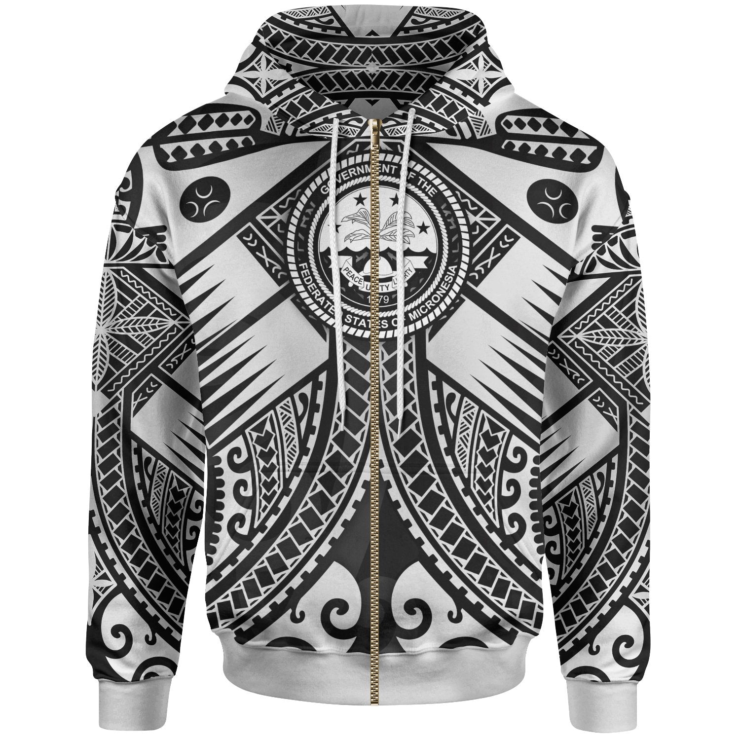 FSM Zip up Hoodie White Seal with Polynesian Tattoo Unisex White - Polynesian Pride