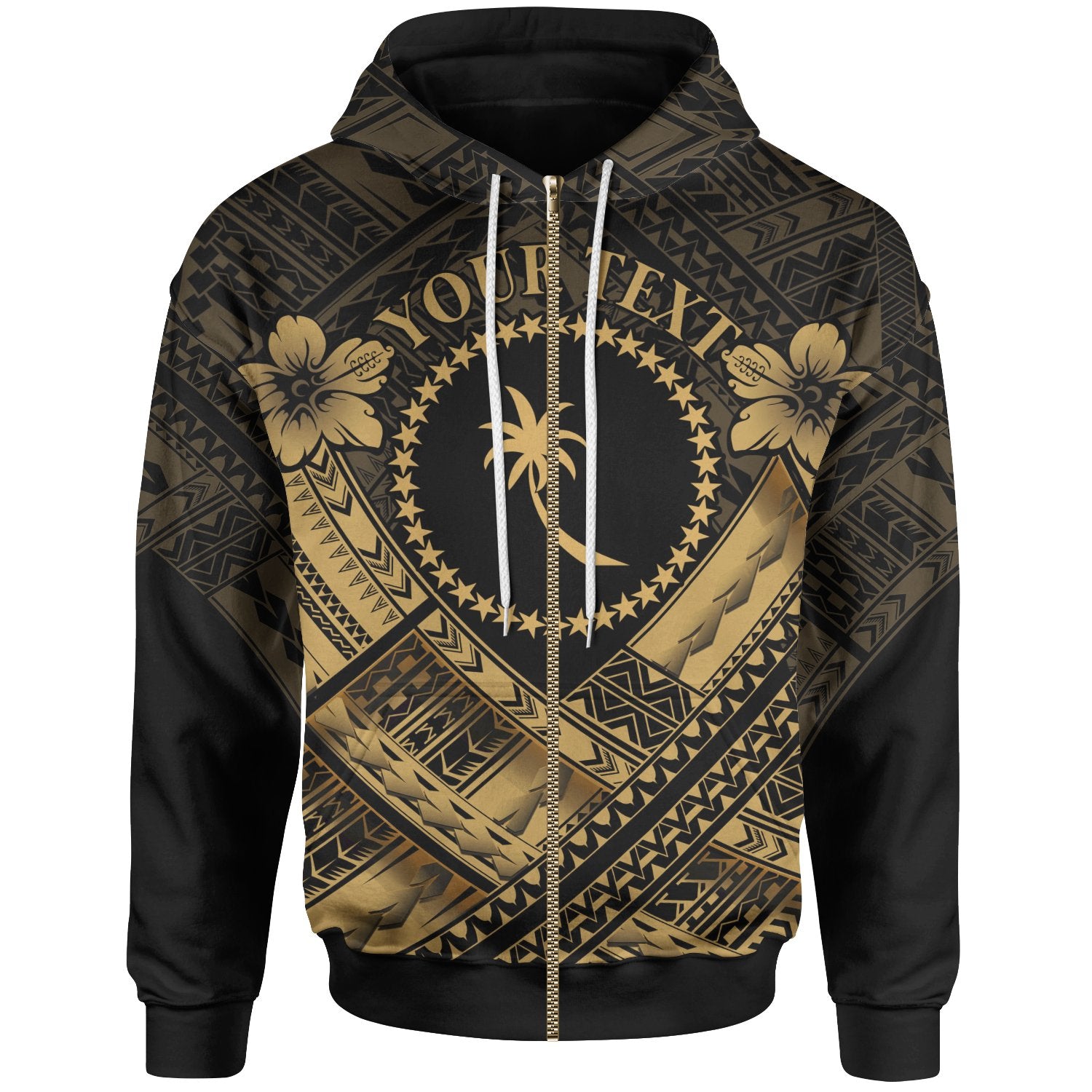 Chuuk Polynesian Custom Zip up Hoodie Chuuk Gold Seal Camisole Hibiscus Style Unisex Gold - Polynesian Pride