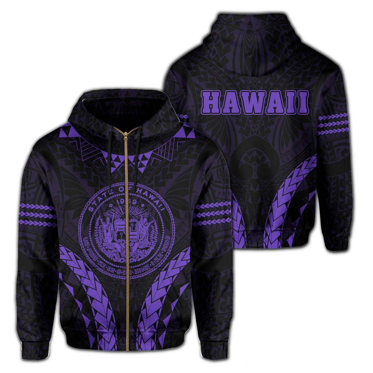 Polynesian Kakau Seal of Hawaii Zip Hoodie Sport Style Version 2.0 Purple Unisex Purple - Polynesian Pride