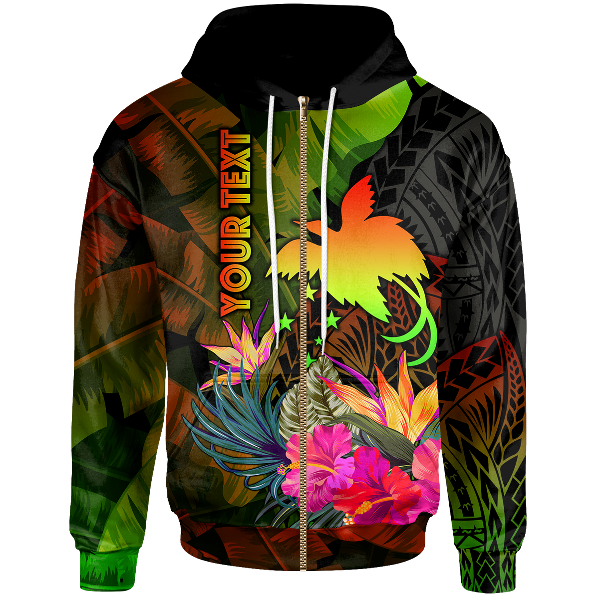 Papua New Guinea Polynesian Custom Zip up Hoodie Hibiscus and Banana Leaves Unisex Reggae - Polynesian Pride