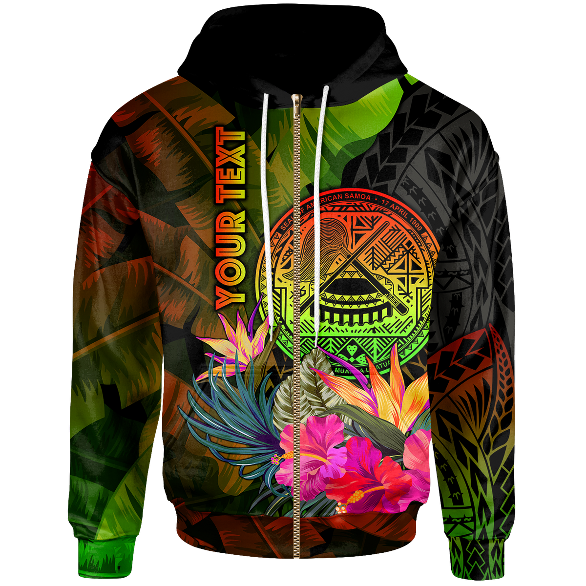American Samoa Polynesian Custom Zip up Hoodie Hibiscus and Banana Leaves Unisex Reggae - Polynesian Pride