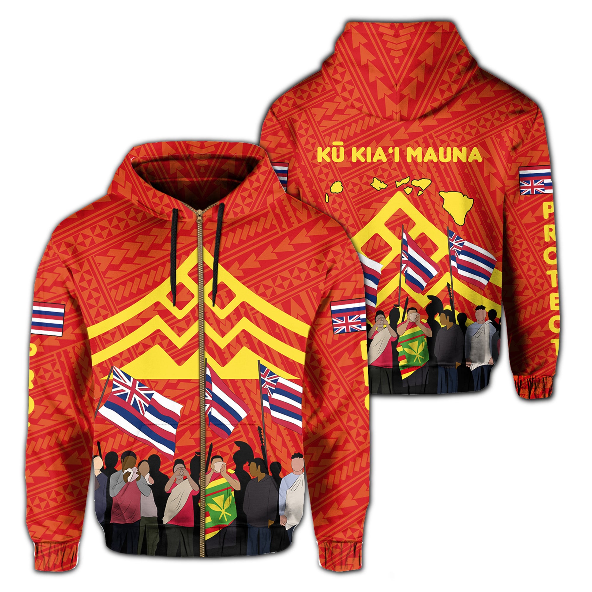 Polynesian Protectors Mauna Kea Flag of Hawaii Zip Hoodie Unisex Red - Polynesian Pride