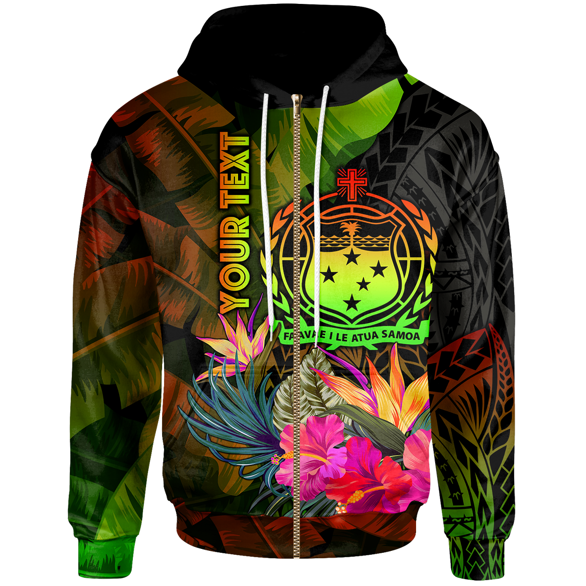 Samoa Polynesian Custom Zip up Hoodie Hibiscus and Banana Leaves Unisex Reggae - Polynesian Pride