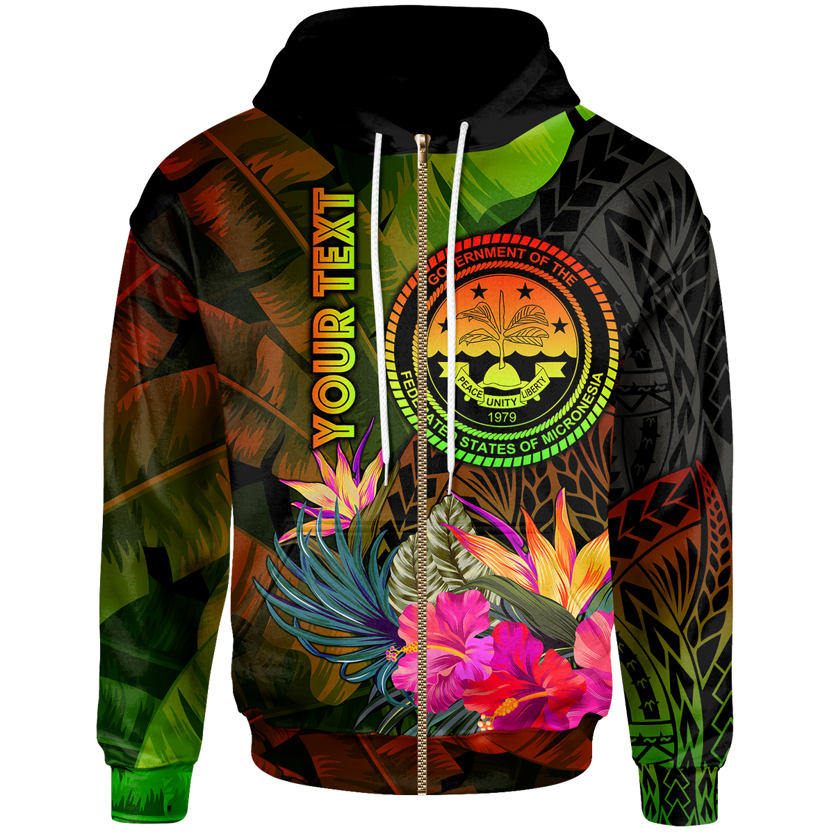 Federated States of Micronesia Polynesian Custom Zip up Hoodie Hibiscus and Banana Leaves Unisex Reggae - Polynesian Pride