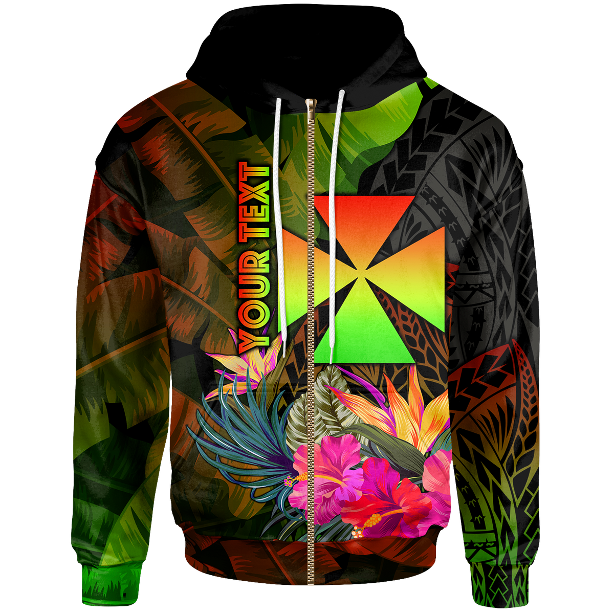Wallis and Futuna Polynesian Custom Zip up Hoodie Hibiscus and Banana Leaves Unisex Reggae - Polynesian Pride