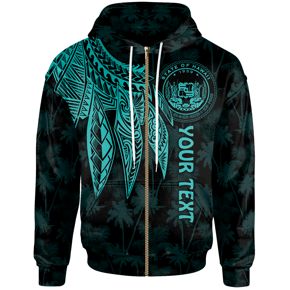 Polynesian Hawaii Custom Zip up Hoodie Polynesian Wings (Turquoise) Unisex Turquoise - Polynesian Pride