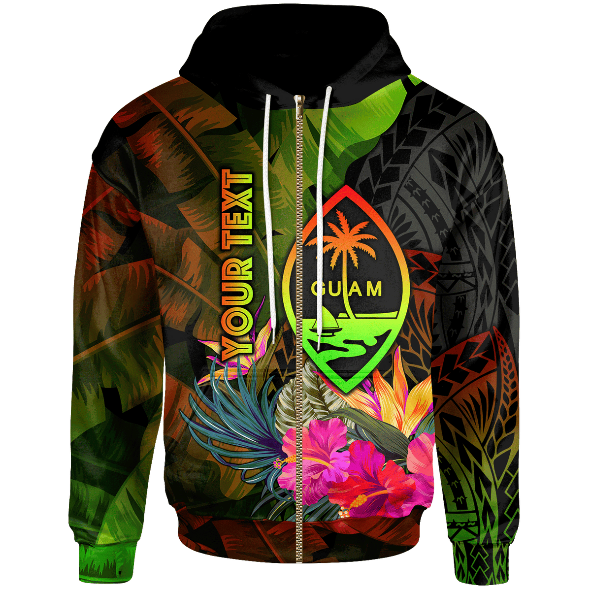 Guam Polynesian Custom Zip up Hoodie Hibiscus and Banana Leaves Unisex Reggae - Polynesian Pride