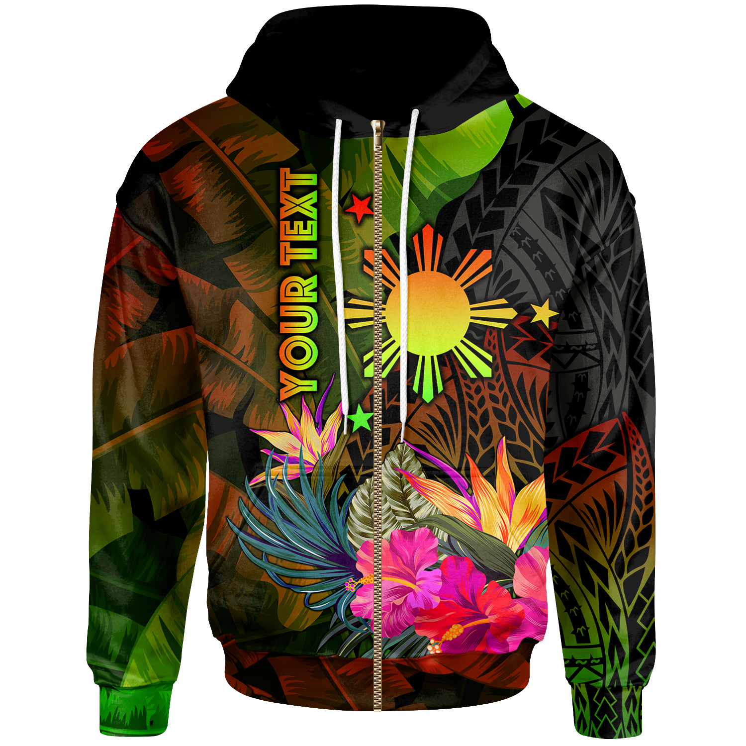 The Philippines Polynesian Custom Zip up Hoodie Hibiscus and Banana Leaves Unisex Reggae - Polynesian Pride