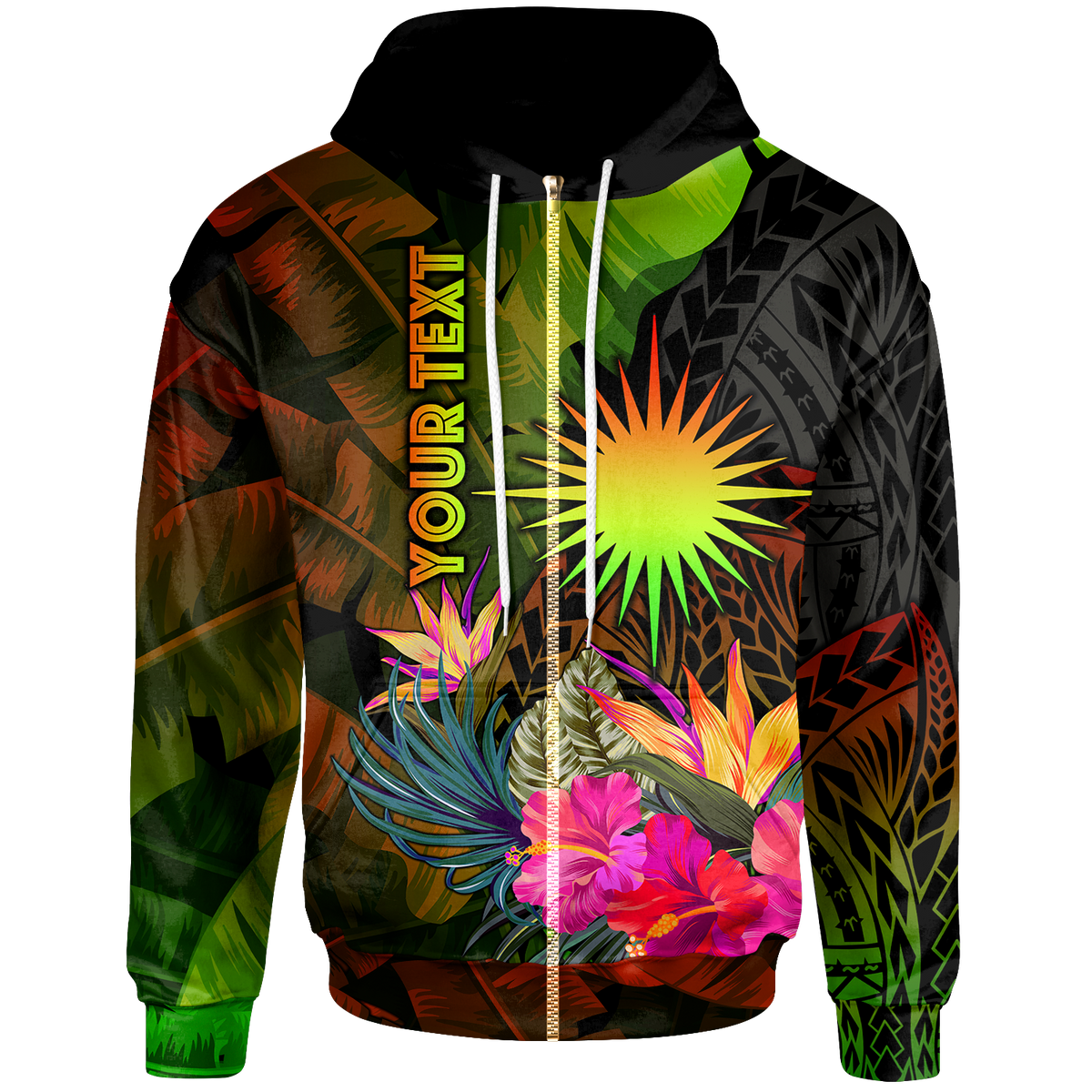 Marshall Islands Polynesian Custom Zip up Hoodie Hibiscus and Banana Leaves Unisex Reggae - Polynesian Pride