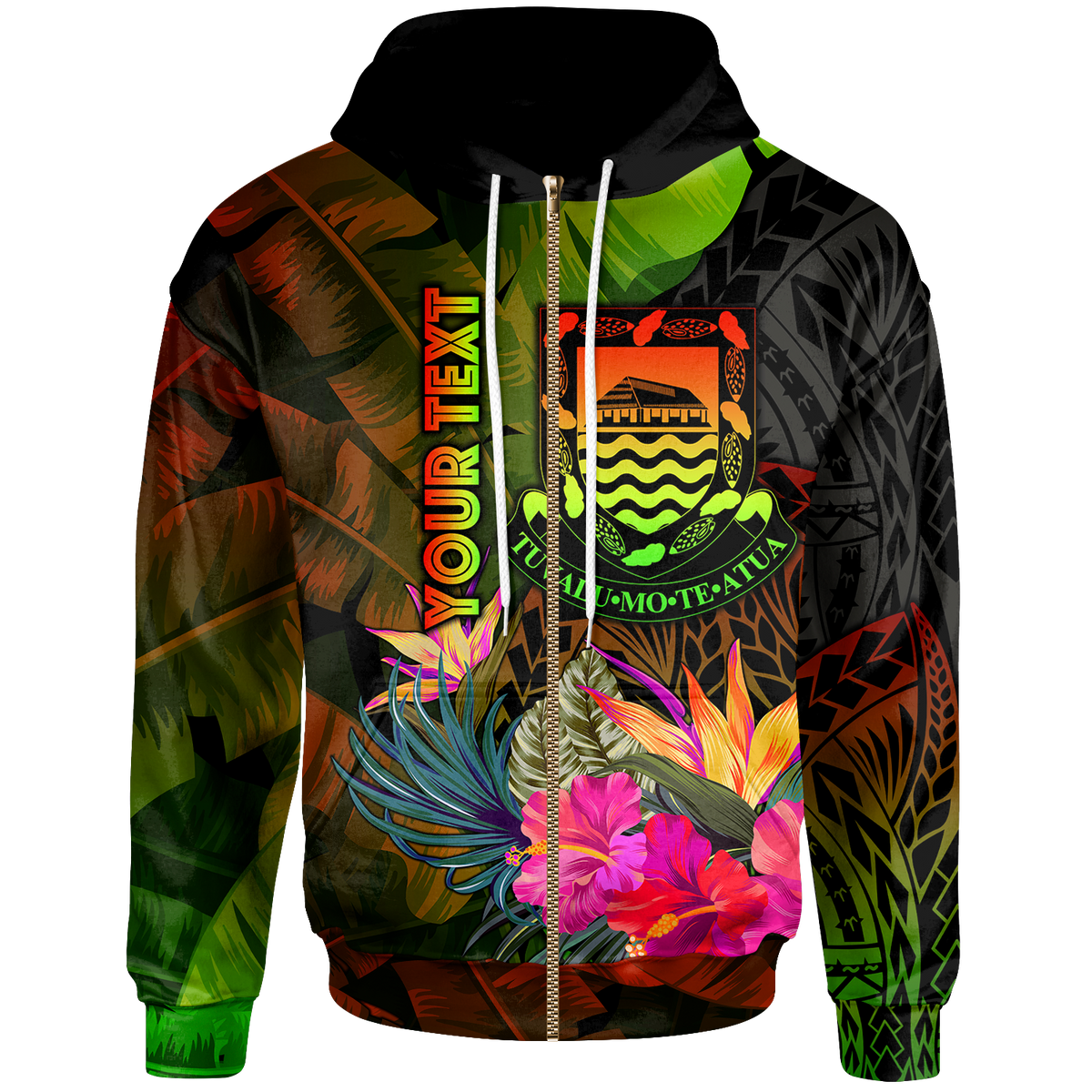 Tuvalu Polynesian Custom Zip up Hoodie Hibiscus and Banana Leaves Unisex Reggae - Polynesian Pride