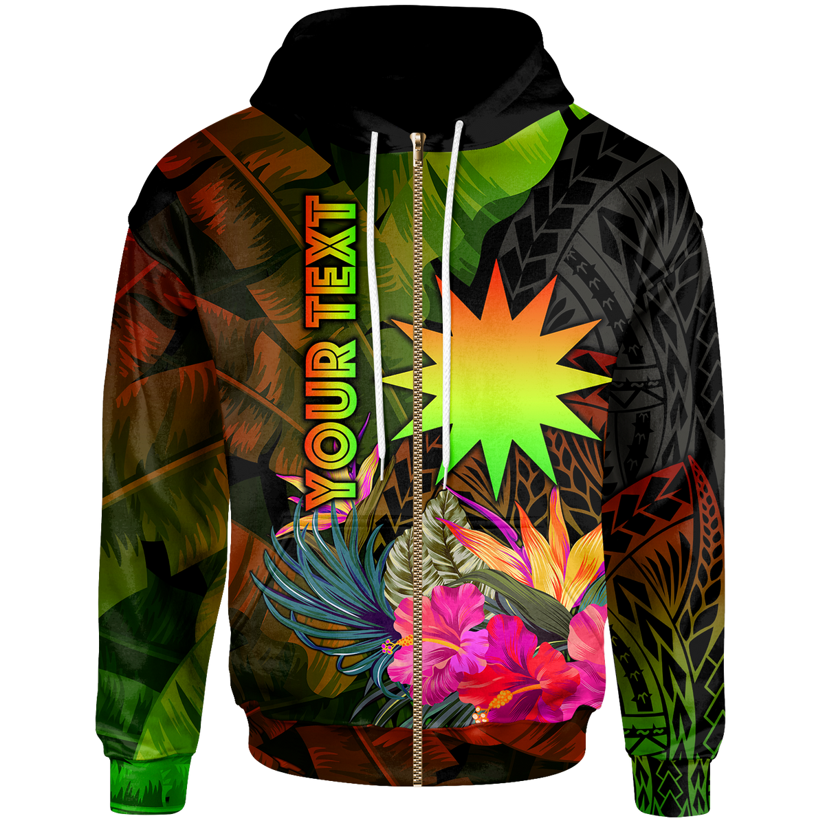 Nauru Polynesian Custom Zip up Hoodie Hibiscus and Banana Leaves Unisex Reggae - Polynesian Pride