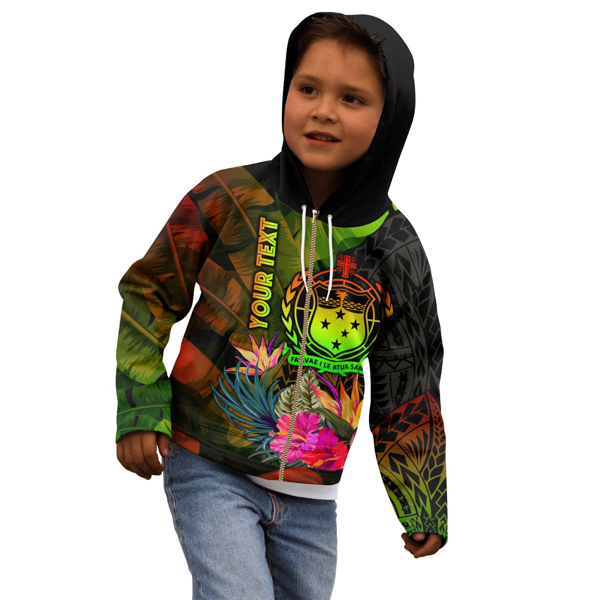 Samoa Polynesian Custom Zip up Hoodie Hibiscus and Banana Leaves - Polynesian Pride