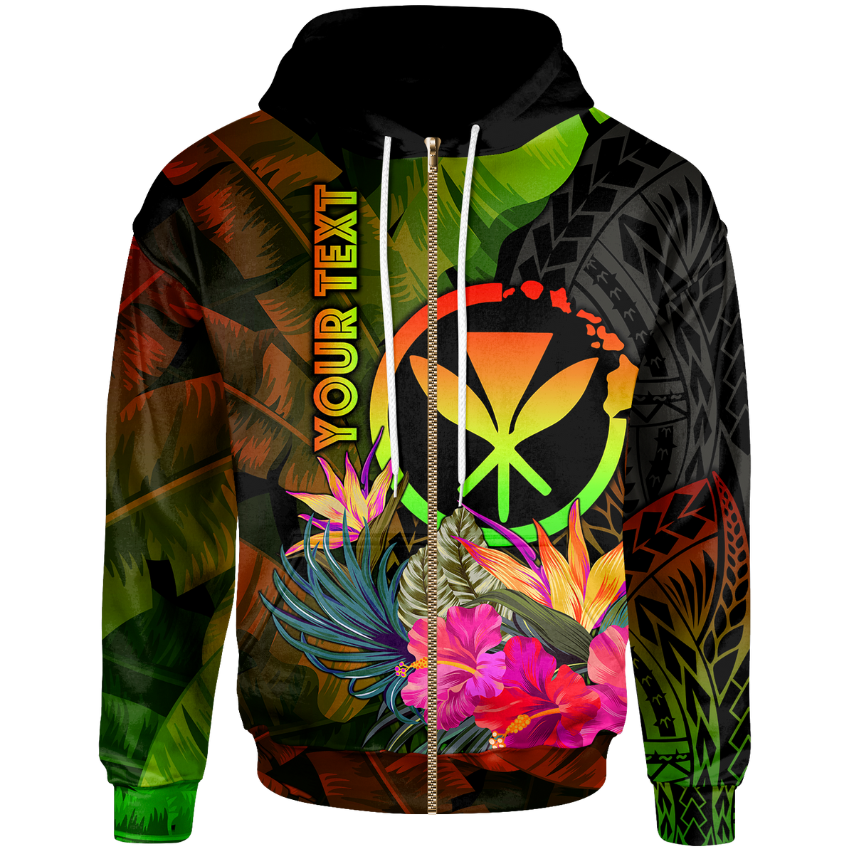Polynesian Hawaii Kanaka Maoli Polynesian Custom Zip up Hoodie Hibiscus and Banana Leaves Unisex Reggae - Polynesian Pride