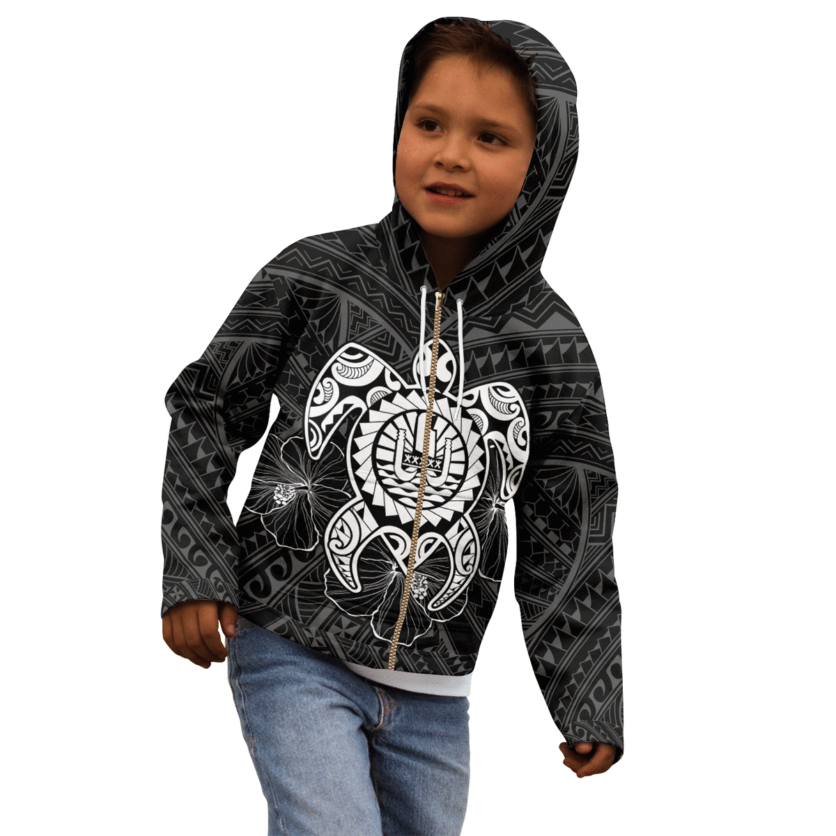 Tahiti Polynesian Zip up Hoodie Vintage Polynesian Turtle (White) - Polynesian Pride