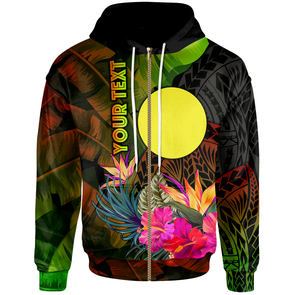 Palau Polynesian Custom Zip up Hoodie Hibiscus and Banana Leaves Unisex Reggae - Polynesian Pride
