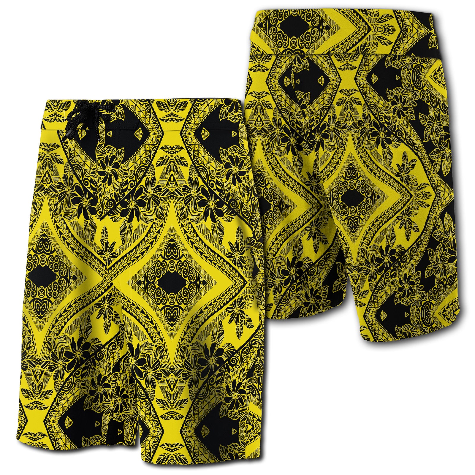 Hawaii Polynesian Plumeria Board Shorts Mix Yellow Men Yellow - Polynesian Pride