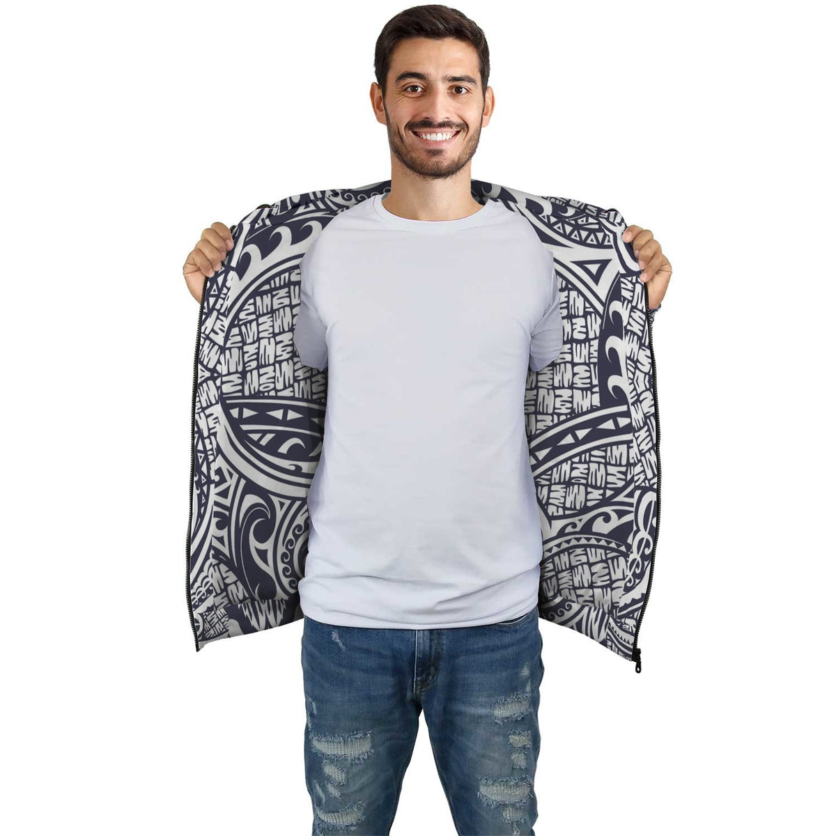 Blue White Polynesian Pattern Zip Hoodie - Polynesian Pride