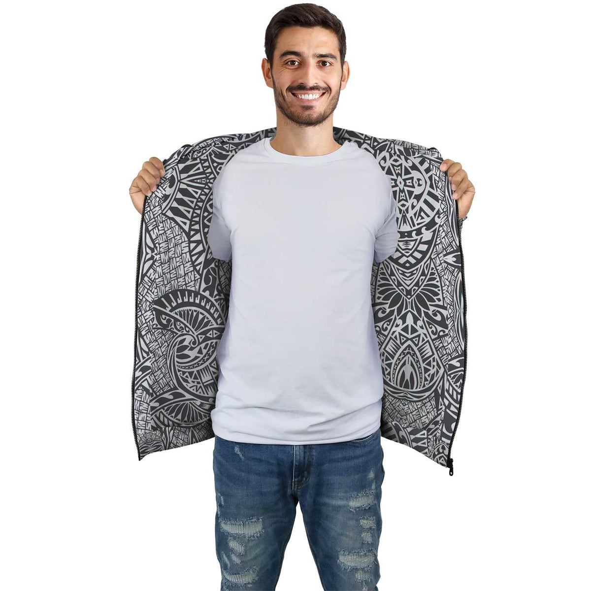 Black White Polynesian Inside Print Zip Hoodie - Polynesian Pride