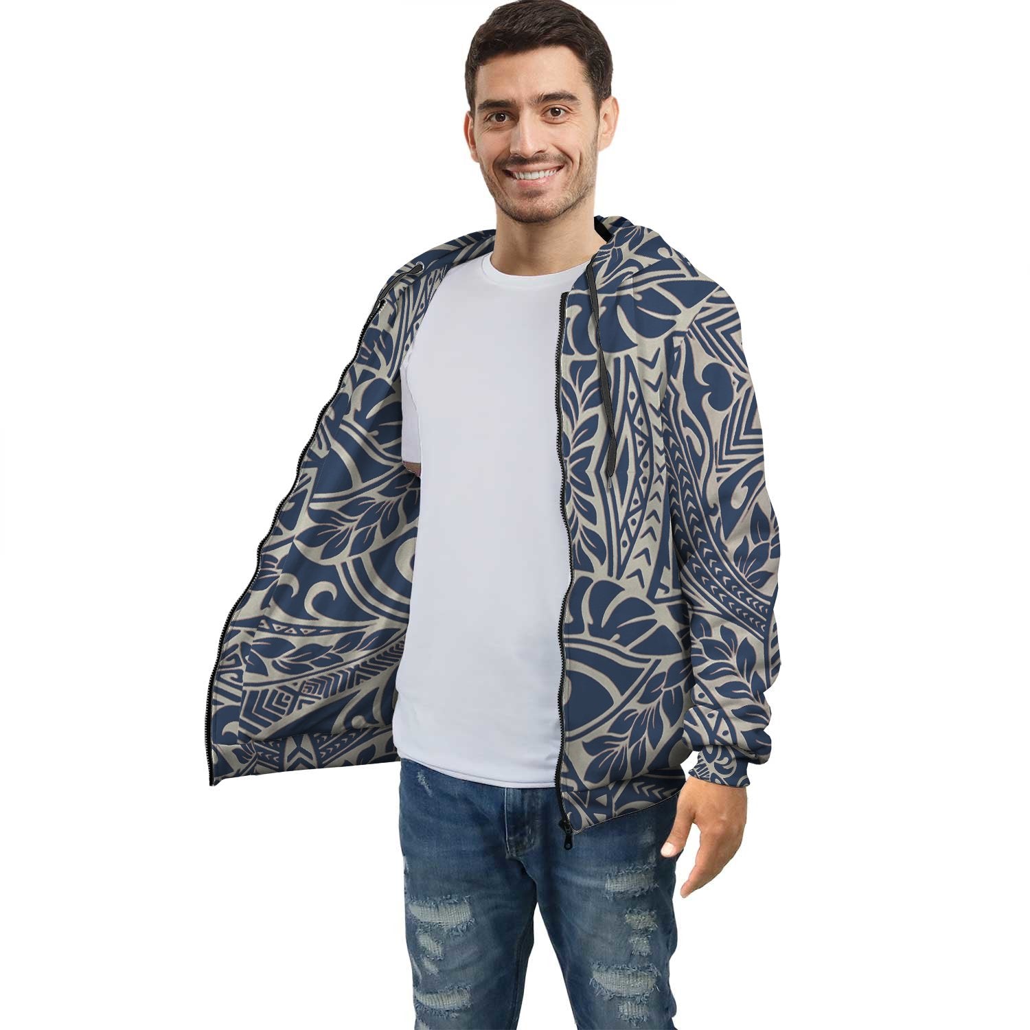 Blue Palm Polynesian Inside Print Zip Hoodie Unisex Dark Blue - Polynesian Pride