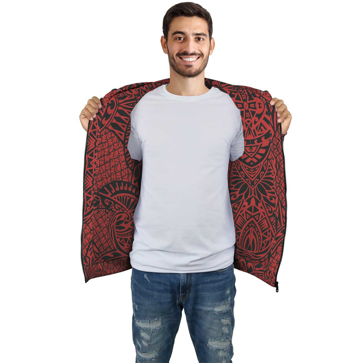 Red Polynesian Inside Print Zip Hoodie - Polynesian Pride