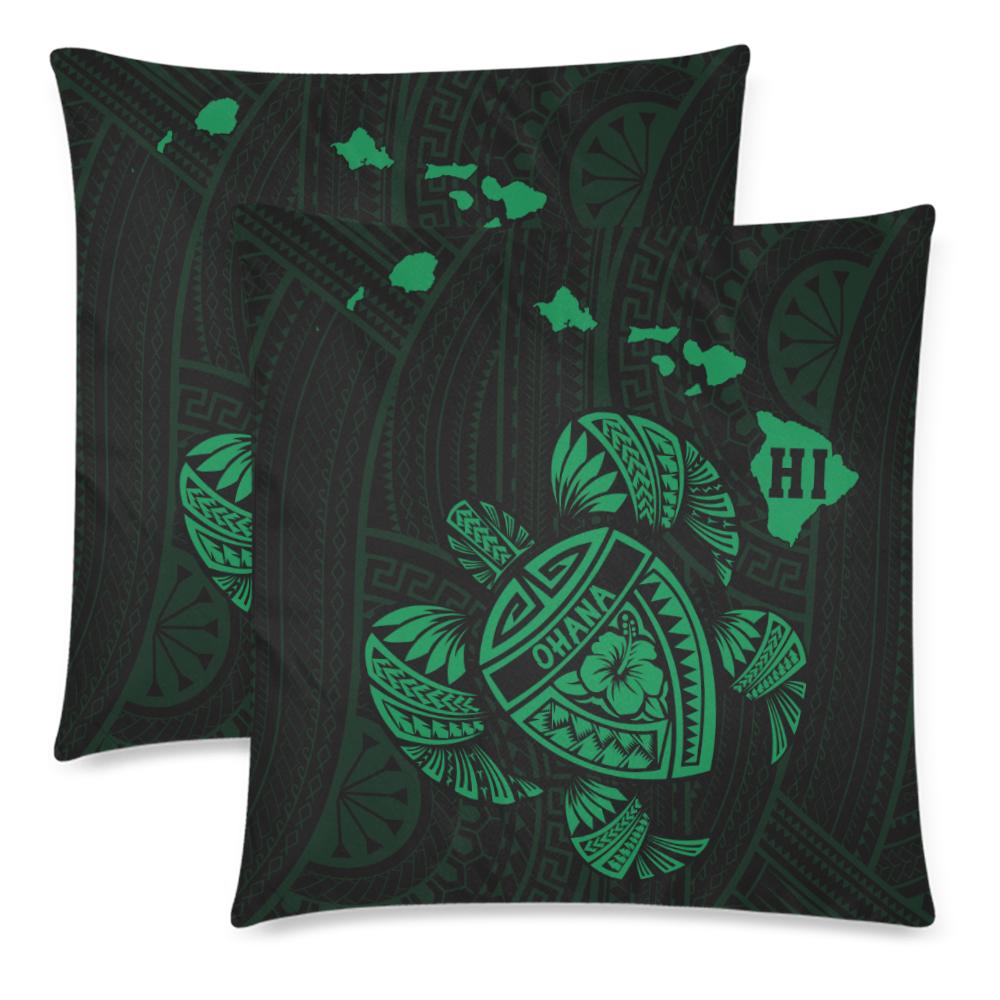 Hawaiian Map Turtle Ohana Hibiscus Kakau Polynesian Pillow Cover - Green One Size Zippered Pillow Cases 18"x 18" (Twin Sides) (Set of 2) Green - Polynesian Pride