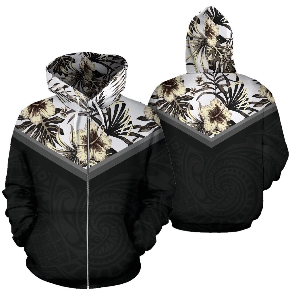 Hawaii Vintage Pattern Zip up Hoodie Yellow Old Color Hibiscus Unisex Black - Polynesian Pride