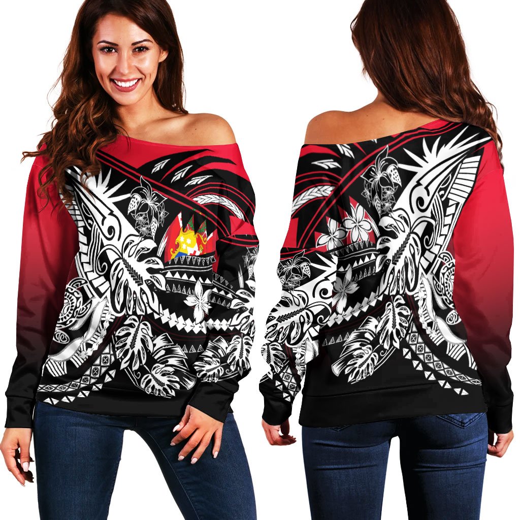 Tonga Women's Off Shoulder Sweaters - Tribal Jungle Pattern Red Color Green - Polynesian Pride