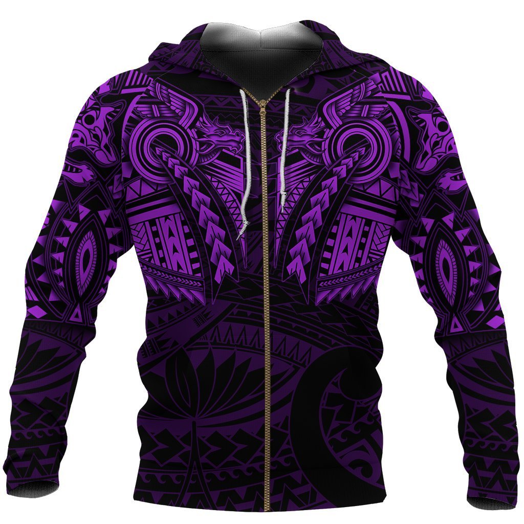 New Zealand Zip up Hoodie, Maori Tattoo Wolf Dragon Zipper Hoodie Purple Unisex Black - Polynesian Pride