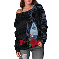 Guam Off Shoulder Sweater Polynesian Flowers Version Black LT13 - Polynesian Pride