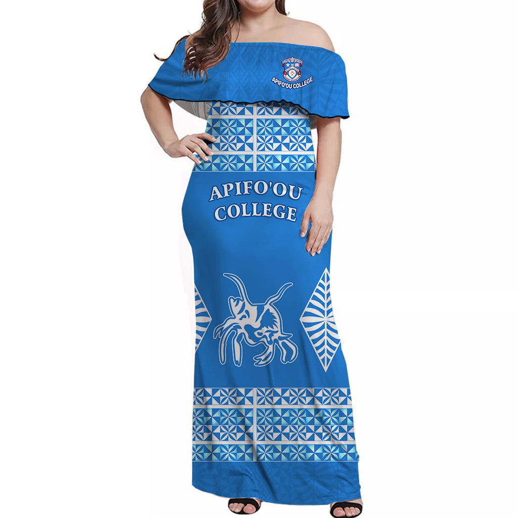 Apifoou College Off Shoulder Long Dress Tonga Pattern LT13 Long Dress Blue - Polynesian Pride