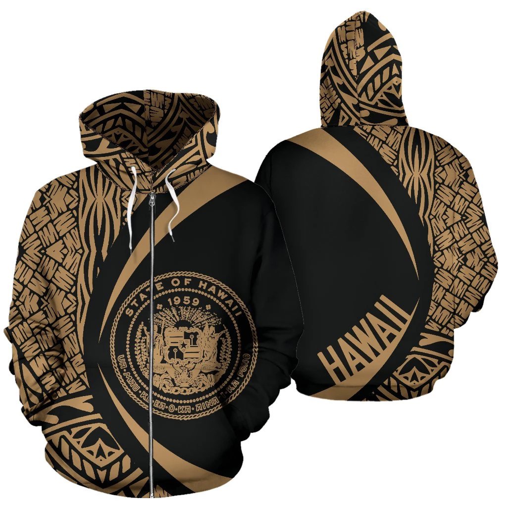 Hawaii Polynesian Zip up Hoodie Golden Circle Style Unisex Gold - Polynesian Pride