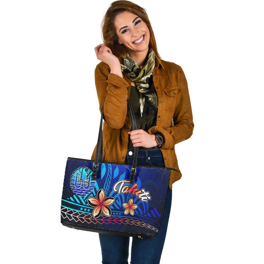 Tahiti Large Leather Tote Bag - Vintage Tribal Mountain - Polynesian Pride