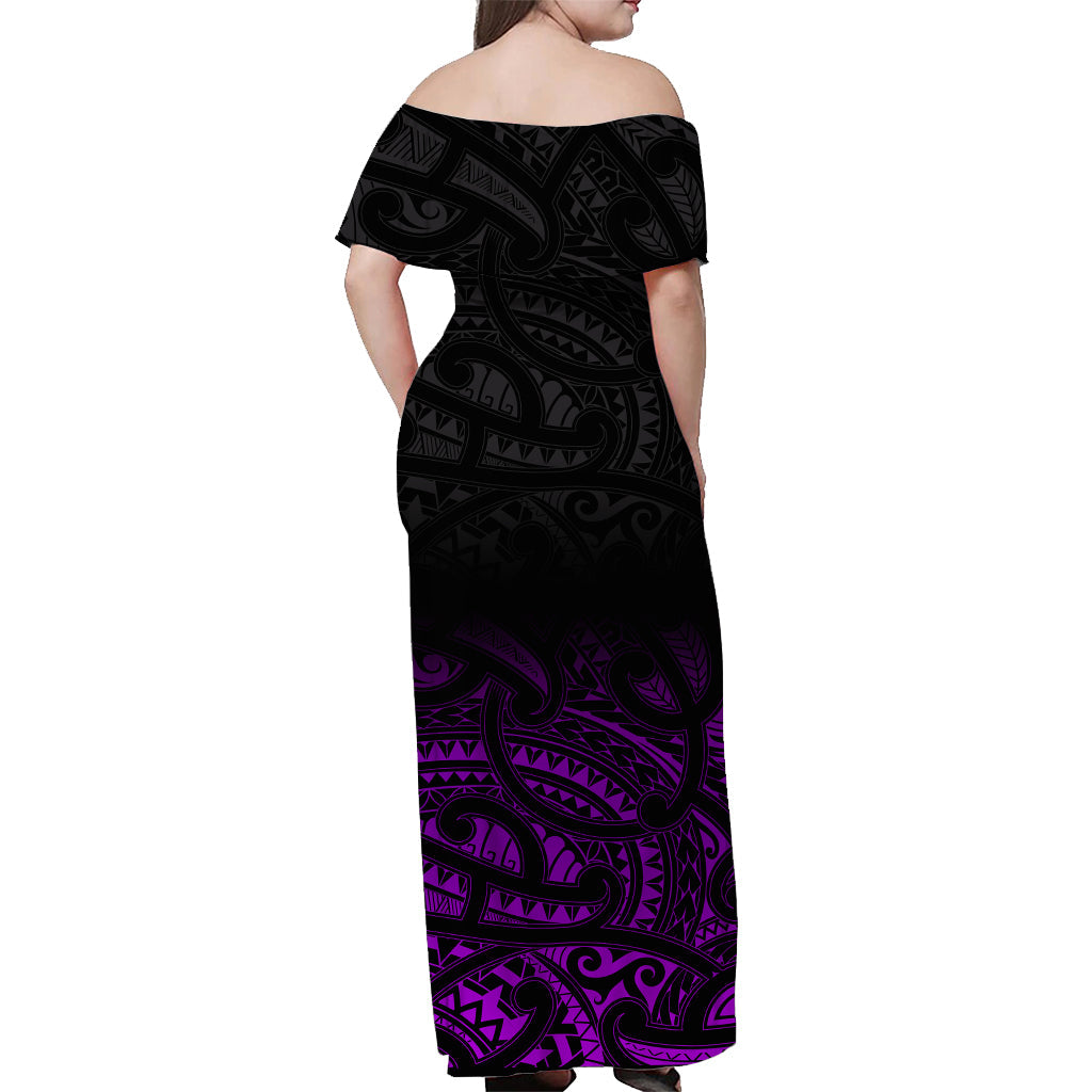 Custom Personalised New Zealand Off Shoulder Long Dress - Maori Pattern Purple LT13 - Polynesian Pride